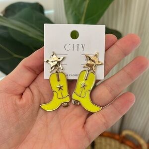 NWT City Yellow Cowboy Boot and Star Large Dangle Earrings